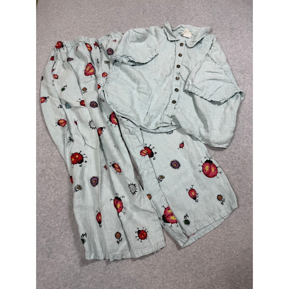 Vintage Tom Tom Linen Ladybug Pajama Set Blue Button Down Wide Leg Pants USA L/M
